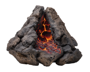 Powerful volcano model showing hot molten lava and magma inside rock formation. straight side photo of science object isolated on transparency background for geology study