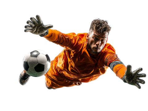 Dynamic soccer goalkeeper diving to save, demonstrating athleticism and agility, a perfect action shot for sports marketing and advertising campaigns