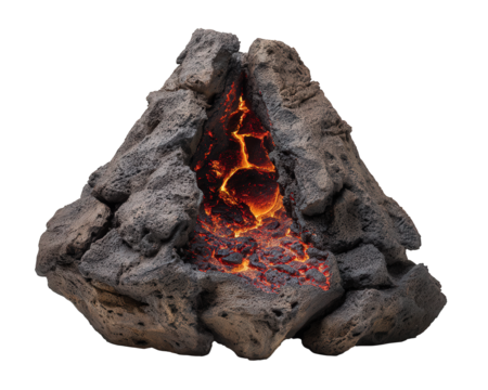 Powerful volcano model showing hot molten lava and magma inside rock formation. straight side photo of science object isolated on transparency background for geology study
