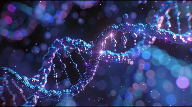 DNA Strand in the Universe: The helix of deoxyribonucleic acid (DNA) shimmers with neon light in a vast universe, representing the core of life, showcasing science and innovation. - Powered by Adobe
