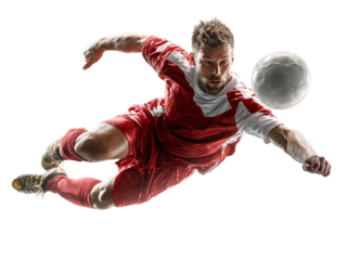 Dynamic soccer player mid-air striking ball with power, professional athlete with intense focus, perfect for sports marketing, high-energy competitive action, sports apparel ads