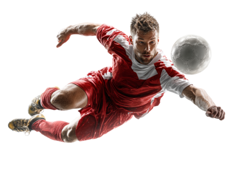 Dynamic soccer player mid-air striking ball with power, professional athlete with intense focus, perfect for sports marketing, high-energy competitive action, sports apparel ads