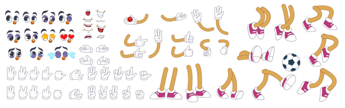 Retro cartoon hand and leg. 50s comic character construction kit. Vintage mascot creator. Funny face emotion expressions. Arm poses. Funky gloves and shoes. Groovy limb gesture. Vector animation set