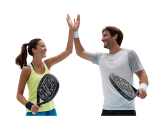 Joyful paddle tennis players celebrating victory with a high five, radiating sportsmanship and positive energy after an exciting match, symbolizing success and teamwork