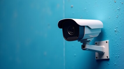 Security Camera Mounted On Blue Wall