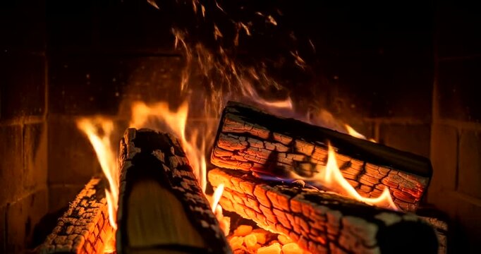 Cozy fireplace with crackling flames illuminating stacked logs in a warm setting