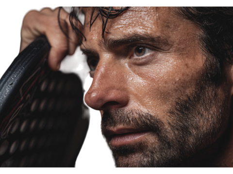 Intense closeup of determined athlete with sweat glistening on skin after hard training session showing passion for sports and fitness, embodying strength and commitment