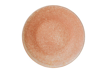 Porcelain kitchenware. Matte pink plate isolated on a white background. Ceramic tableware. Top view.