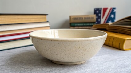 Neutral ceramic bowl surrounded by books on a light surface