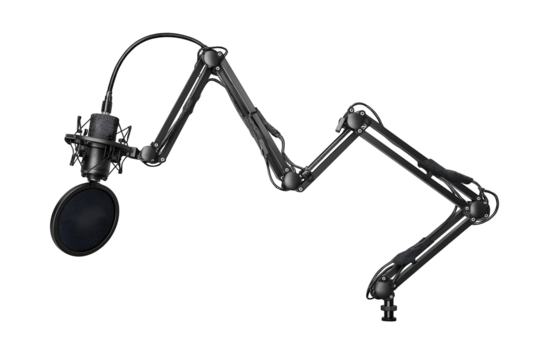 Professional studio microphone with adjustable boom arm for podcasts, music, and voiceovers