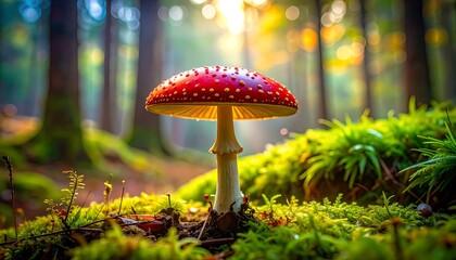 A Vibrant Red Mushroom in a Lush Forest Environment with Sunlit Background