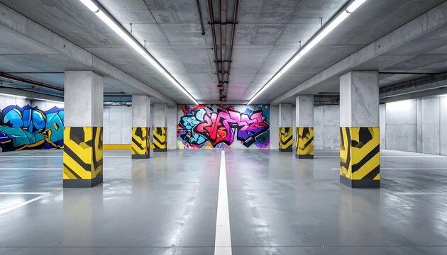 An urban parking garage displays colorful graffiti art against a neutral background of concrete pillars, a central white line and gray floor