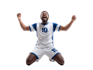 Dynamic soccer player celebrating victory with passionate energy, embodying peak performance and ultimate triumph on the field after a crucial winning goal