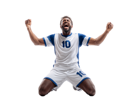 Dynamic soccer player celebrating victory with passionate energy, embodying peak performance and ultimate triumph on the field after a crucial winning goal