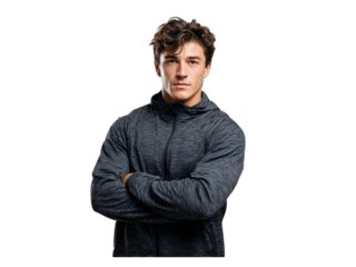 Confident young man in athletic jacket with arms crossed, athletic build, fitness lifestyle and wellness concept, determined expression ready for training