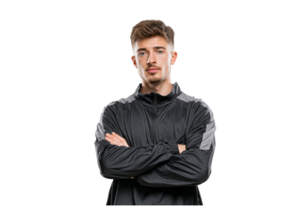Confident young man in athletic jacket with folded arms looking directly at the camera, embodying trust and determination for fitness, sports, or lifestyle concepts