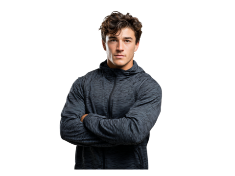 Confident young man in athletic jacket with arms crossed, athletic build, fitness lifestyle and wellness concept, determined expression ready for training