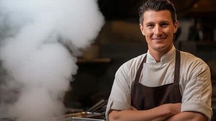 A confident chef stands in a busy kitchen, showcasing their expertise and dedication to culinary arts with steam rising, symbolizing creativity and skill in cooking.