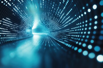 A vibrant tunnel of light showcases an abstract digital landscape in neon blue tones at night