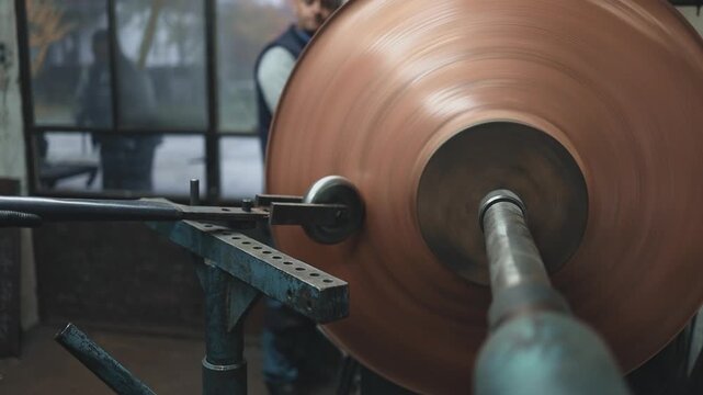 Traditional coppersmith workshop for copper brewing pots manufacturing. This handmade brewery kettles will be used for making traditional alcohol brandy drinks. Small traditional business concept.