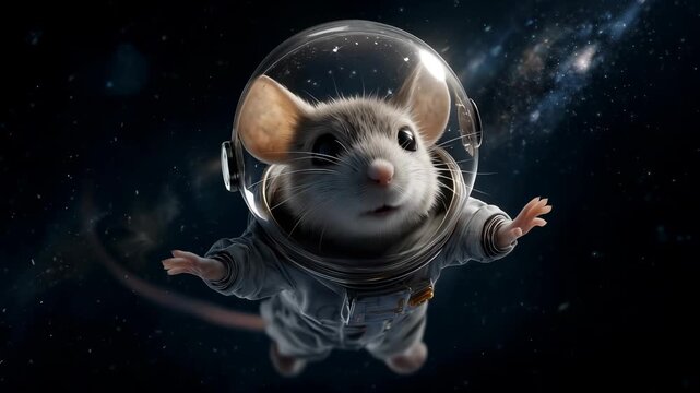 Small mouse wearing astronaut suit floating in deep space background with galaxy and stars. Cute rodent in professional space gear with transparent helmet, extending arms during weightless flight