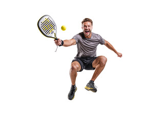 Energetic padel player mid-air smash, radiating joy and athleticism, perfect for sports promotions or active lifestyle campaigns with a dynamic, winning spirit