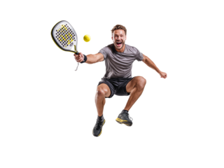 Energetic padel player mid-air smash, radiating joy and athleticism, perfect for sports promotions or active lifestyle campaigns with a dynamic, winning spirit