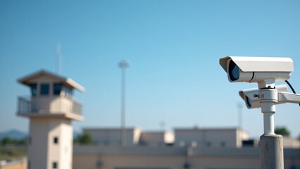 Surveillance Cameras At Prison Watchtower, Sunny Day
