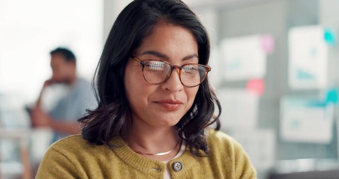 Office, thinking and woman with laptop, glasses and proofreading draft for publication and magazine. Editing, story and person with eyewear in newsroom, reflection and creative for journalism project