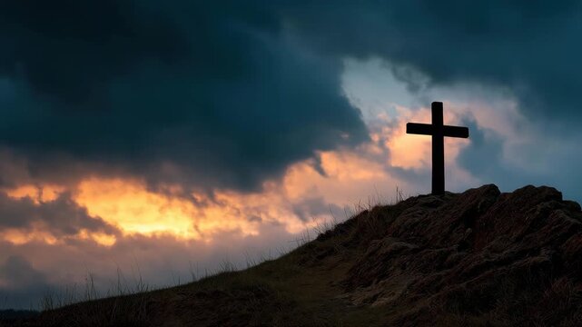 A silhouetted cross on a hill against a tumultuous sky evokes feelings of spirituality, hope, and contemplation amid the drama of nature's forces and light.