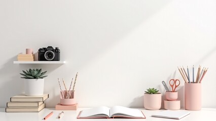 Pink Desk Still Life With Camera