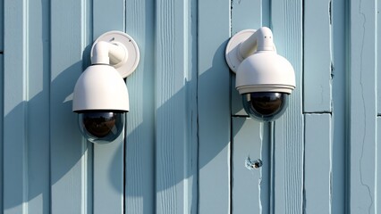 Two Security Cameras Mounted On Blue Wall
