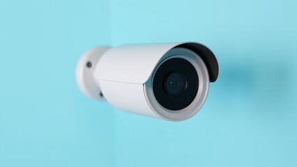 Security Camera Mounted On A Blue Wall