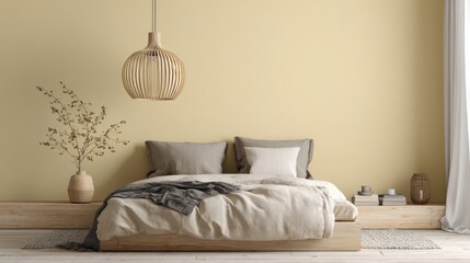 scandinavian bedroom, sand yellow walls, low platform bed, linen bedding, wooden pendant lamp, cozy mood