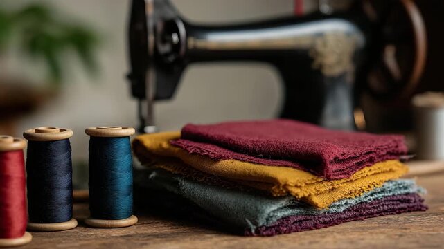 An artistic arrangement of a vintage sewing machine and colorful spools of thread captures the essence of craftsmanship, creativity, and the joy of making.