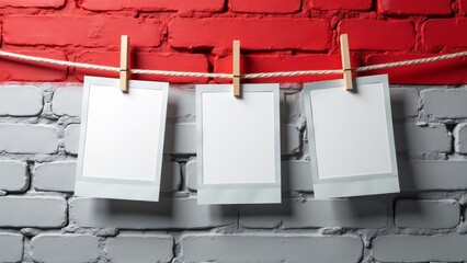 Three Blank Photos On Clothesline, Brick Wall