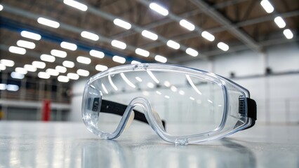 Protective safety glasses on a warehouse floor with bright overhead lighting