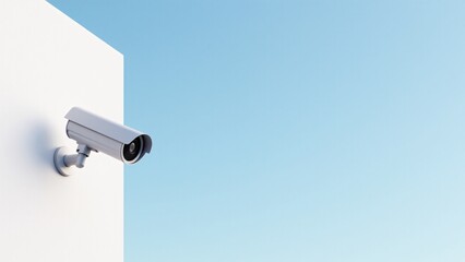 Cctv Camera On Wall, Blue Sky