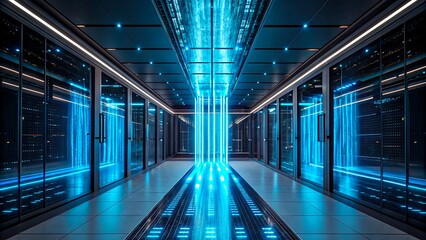 Futuristic server room with glowing blue lights and digital data technology background 
