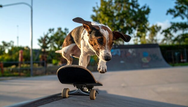 A multi-colored dog balances on a skateboard, leaping off a ramp in a skatepark, under a blue sky