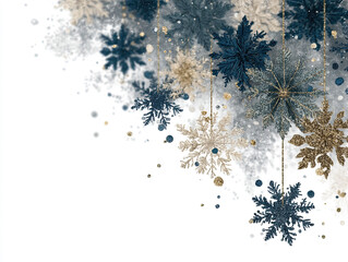 Abstract winter scene with floating snowflakes in blue and gold tones