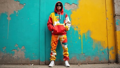 Man wears colorful urban streetwear clothing. Person in vibrant hoodie and pants stands against graffiti wall. Young man in trendy outfit with patchwork design.