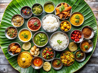 A traditional indian thali served on a banana leaf, featuring various curries, rice, and bread
