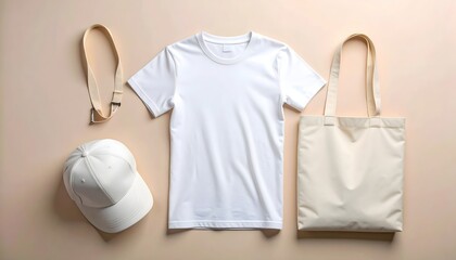 White Apparel Group Flat Lay Mockup with T-shirt and Tote Bag