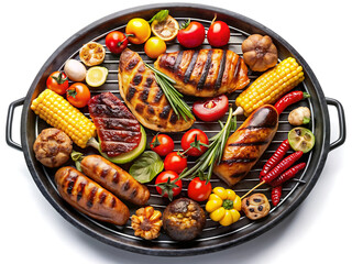 A barbecue grill filled with various grilled meats, vegetables, and corn on the cob, ready to be served
