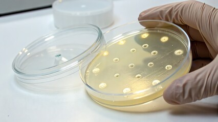 Petri dish containing bacterial culture on a laboratory table