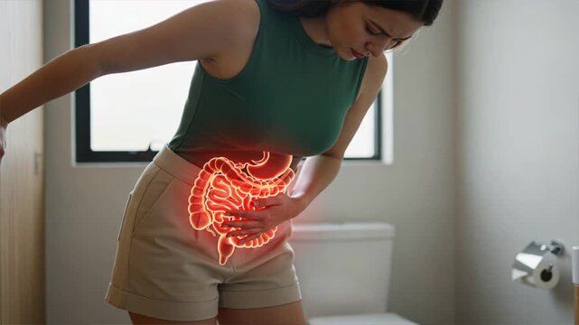 A woman in bathroom holding a stomach with digestive system overlay glowing red for constipation, constipation relief, laxatives concept