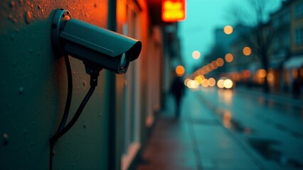 Security Camera On City Street, Rainy Day
