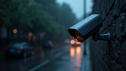Surveillance Camera On Wall During Rainfall