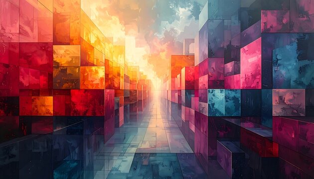 Abstract art of a colorful corridor with geometric shapes and sunlight